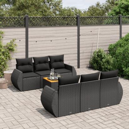 Set canapele de grădină cu perne, 7 piese, negru, poliratan GartenMobel Dekor