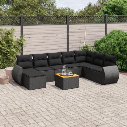 Set mobilier de grădină cu perne, 9 piese, negru, poliratan GartenMobel Dekor