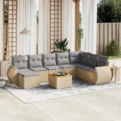 Set canapele de grădină, 9 piese, cu perne, bej, poliratan GartenMobel Dekor
