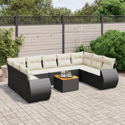 Set canapele de grădină cu perne, 10 piese, negru, poliratan GartenMobel Dekor