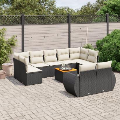 Set canapele de grădină cu perne, 10 piese, negru, poliratan GartenMobel Dekor