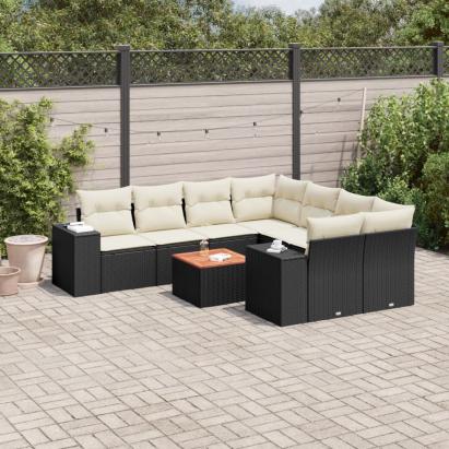Set mobilier de grădină cu perne, 9 piese, negru, poliratan GartenMobel Dekor