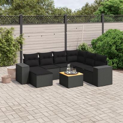 Set mobilier de grădină cu perne, 8 piese, negru, poliratan GartenMobel Dekor