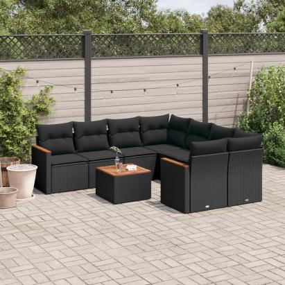 Set mobilier de grădină cu perne, 9 piese, negru, poliratan GartenMobel Dekor