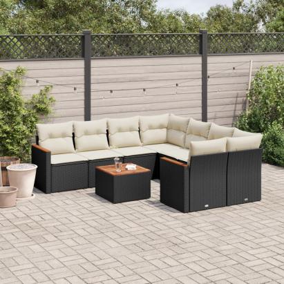 Set mobilier de grădină cu perne, 9 piese, negru, poliratan GartenMobel Dekor
