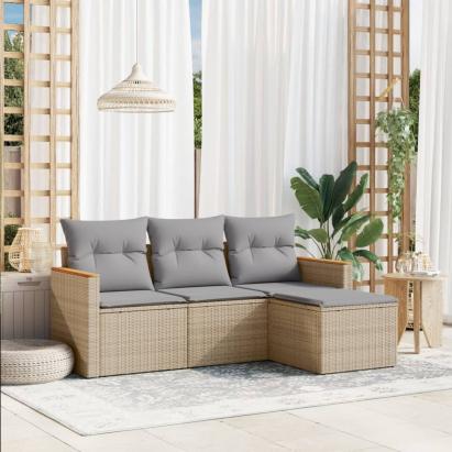 Set canapele de grădină, 4 piese, cu perne, bej, poliratan GartenMobel Dekor