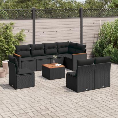Set mobilier de grădină cu perne, 9 piese, negru, poliratan GartenMobel Dekor