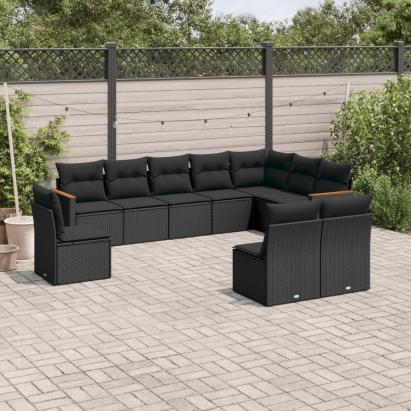 Set canapele de grădină cu perne, 10 piese, negru, poliratan GartenMobel Dekor