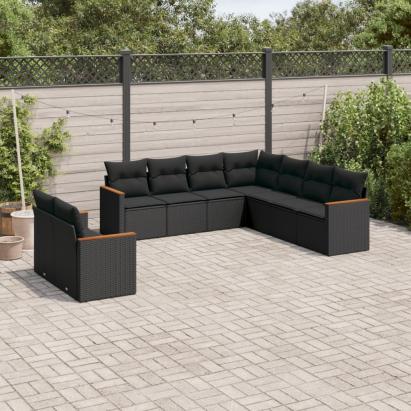 Set mobilier de grădină cu perne, 9 piese, negru, poliratan GartenMobel Dekor