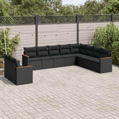 Set canapele de grădină cu perne, 10 piese, negru, poliratan GartenMobel Dekor