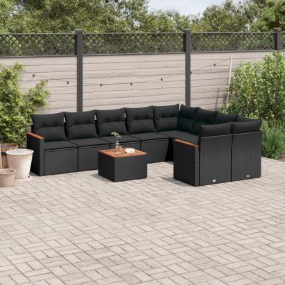 Set canapele de grădină cu perne, 10 piese, negru, poliratan GartenMobel Dekor