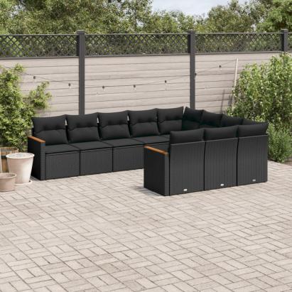 Set canapele de grădină cu perne, 10 piese, negru, poliratan GartenMobel Dekor