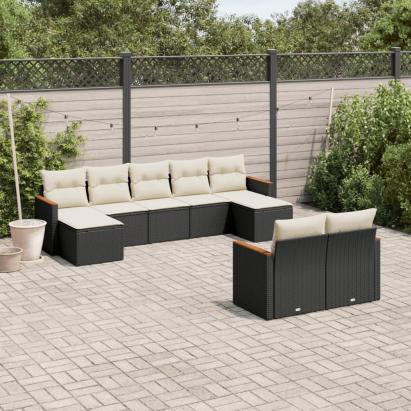 Set mobilier de grădină cu perne, 9 piese, negru, poliratan GartenMobel Dekor