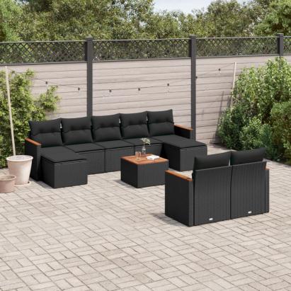 Set canapele de grădină cu perne, 10 piese, negru, poliratan GartenMobel Dekor