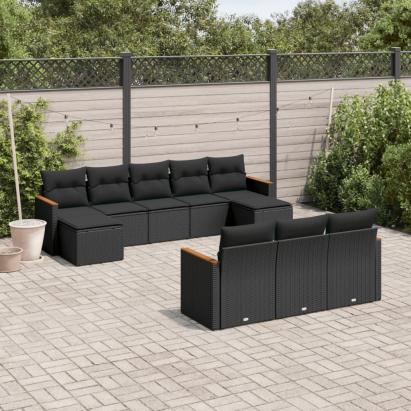 Set canapele de grădină cu perne, 10 piese, negru, poliratan GartenMobel Dekor