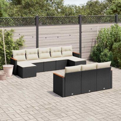 Set canapele de grădină cu perne, 10 piese, negru, poliratan GartenMobel Dekor
