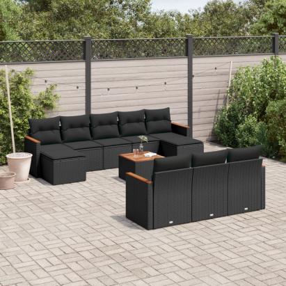Set canapele de grădină cu perne, 11 piese, negru, poliratan GartenMobel Dekor