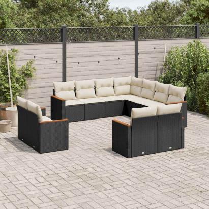 Set canapele de grădină cu perne, 11 piese, negru, poliratan GartenMobel Dekor