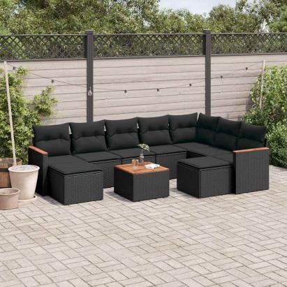 Set canapele de grădină cu perne, 10 piese, negru, poliratan GartenMobel Dekor
