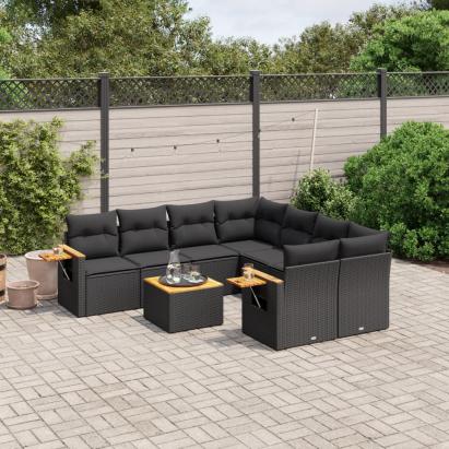 Set mobilier de grădină cu perne, 9 piese, negru, poliratan GartenMobel Dekor