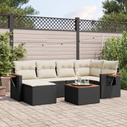 Set canapele de grădină cu perne, 7 piese, negru, poliratan GartenMobel Dekor