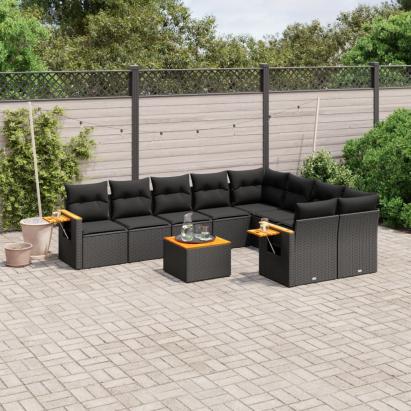 Set canapele de grădină cu perne, 10 piese, negru, poliratan GartenMobel Dekor