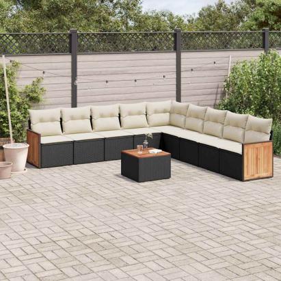 Set canapele de grădină cu perne, 10 piese, negru, poliratan GartenMobel Dekor