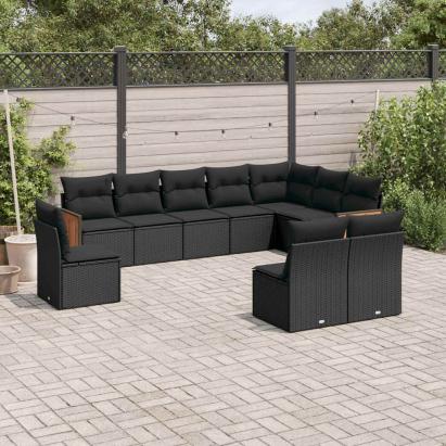 Set canapele de grădină cu perne, 10 piese, negru, poliratan GartenMobel Dekor