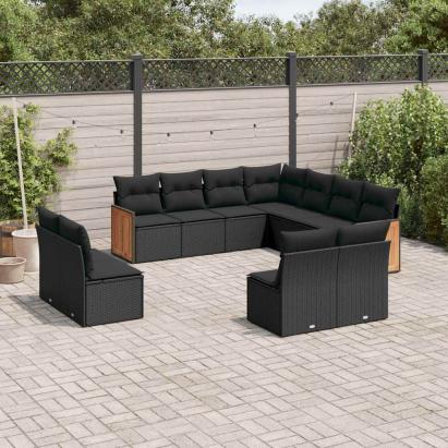 Set canapele de grădină cu perne, 11 piese, negru, poliratan GartenMobel Dekor