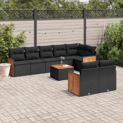 Set mobilier de grădină cu perne, 9 piese, negru, poliratan GartenMobel Dekor