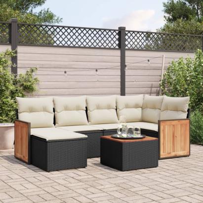 Set canapele de grădină cu perne, 7 piese, negru, poliratan GartenMobel Dekor