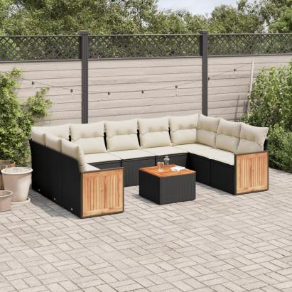 Set canapele de grădină cu perne, 10 piese, negru, poliratan GartenMobel Dekor