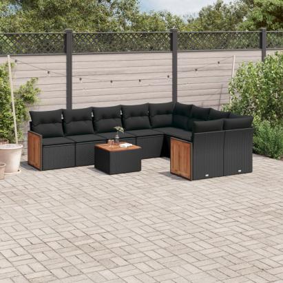 Set canapele de grădină cu perne, 10 piese, negru, poliratan GartenMobel Dekor