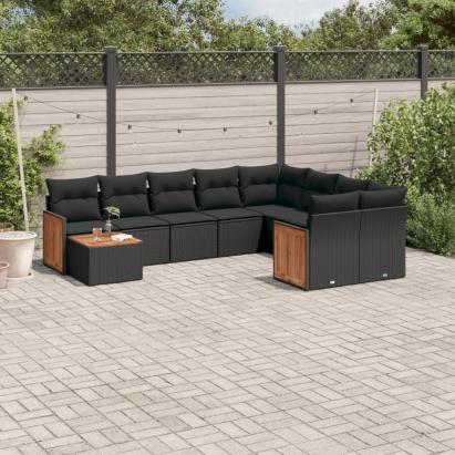 Set canapele de grădină cu perne, 10 piese, negru, poliratan GartenMobel Dekor