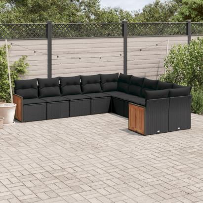 Set canapele de grădină cu perne, 10 piese, negru, poliratan GartenMobel Dekor