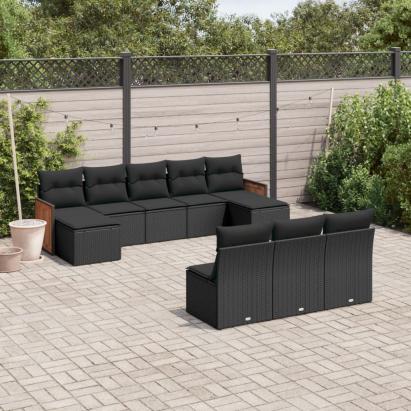Set canapele de grădină cu perne, 10 piese, negru, poliratan GartenMobel Dekor