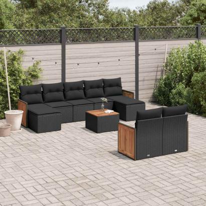 Set canapele de grădină cu perne, 10 piese, negru, poliratan GartenMobel Dekor
