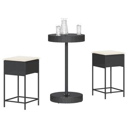 Set mobilier bar de grădină cu perne, 3 piese, negru, poliratan GartenMobel Dekor