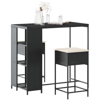 Set mobilier bar de grădină cu perne, 3 piese, negru, poliratan GartenMobel Dekor