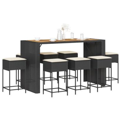 Set mobilier bar de grădină cu perne, 9 piese, negru, poliratan GartenMobel Dekor