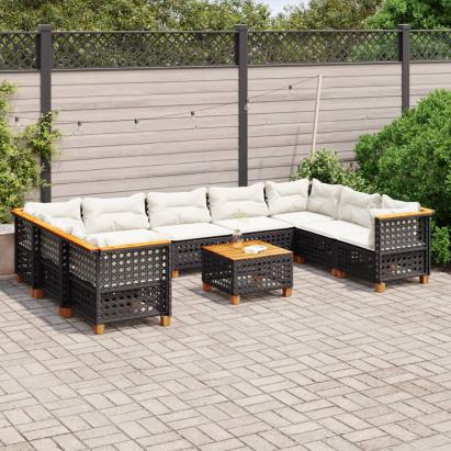 Set canapele de grădină cu perne, 10 piese, negru, poliratan GartenMobel Dekor