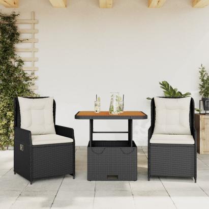 Set bistro cu perne, 3 piese, negru, poliratan GartenMobel Dekor