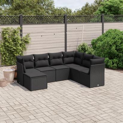 Set canapele de grădină cu perne, 7 piese, negru, poliratan GartenMobel Dekor