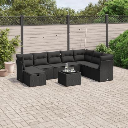 Set mobilier de grădină cu perne, 9 piese, negru, poliratan GartenMobel Dekor