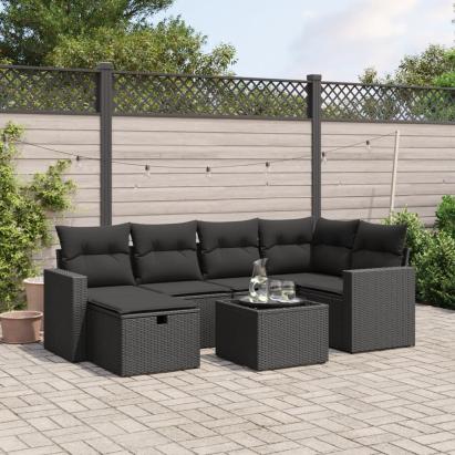 Set canapele de grădină cu perne, 7 piese, negru, poliratan GartenMobel Dekor