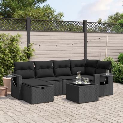 Set canapele de grădină cu perne, 7 piese, negru, poliratan GartenMobel Dekor