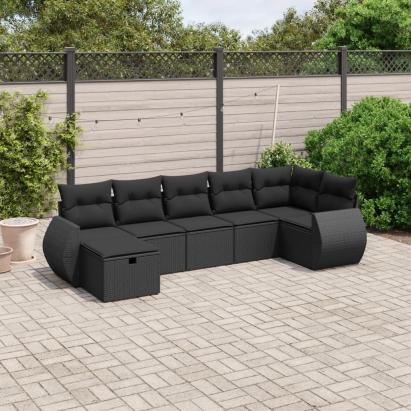 Set canapele de grădină cu perne, 7 piese, negru, poliratan GartenMobel Dekor