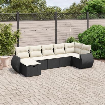 Set canapele de grădină cu perne, 7 piese, negru, poliratan GartenMobel Dekor