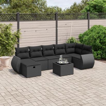 Set mobilier de grădină cu perne, 8 piese, negru, poliratan GartenMobel Dekor