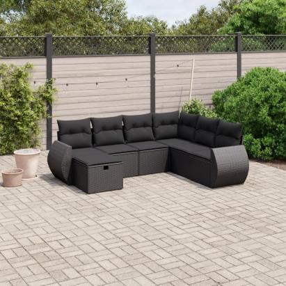 Set canapele de grădină cu perne, 7 piese, negru, poliratan GartenMobel Dekor